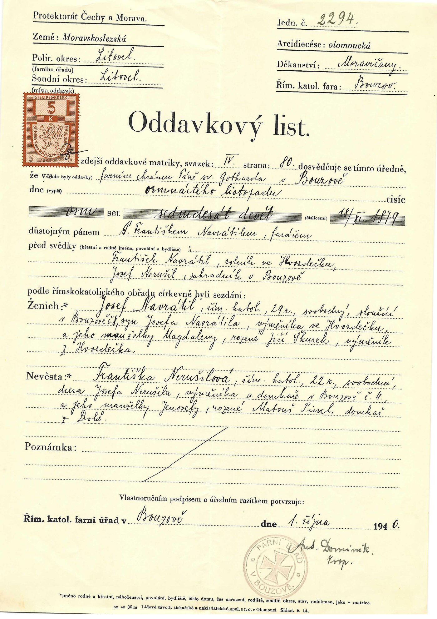 Oddací list šafáře