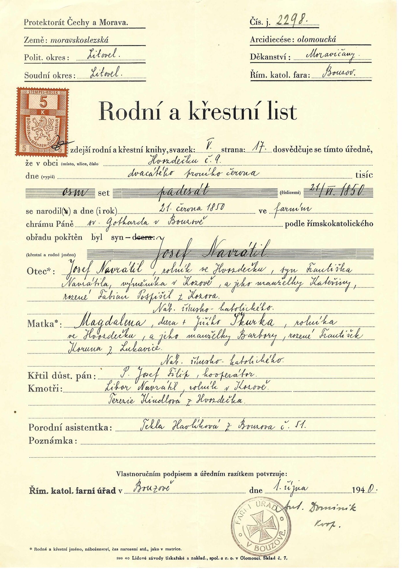 Rodný list šafáře